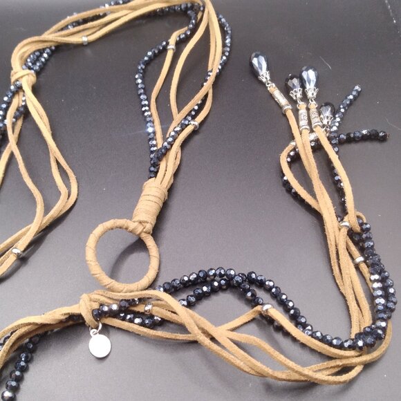 Chico's Black AB Crystal Beads with tan Leather Necklace Lariate - Picture 2 of 7